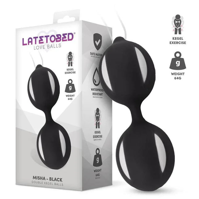 Misha Double Kegel Balls with Internal Weight from Latetobed, black silicone design, for effective pelvic floor training, waterproof.