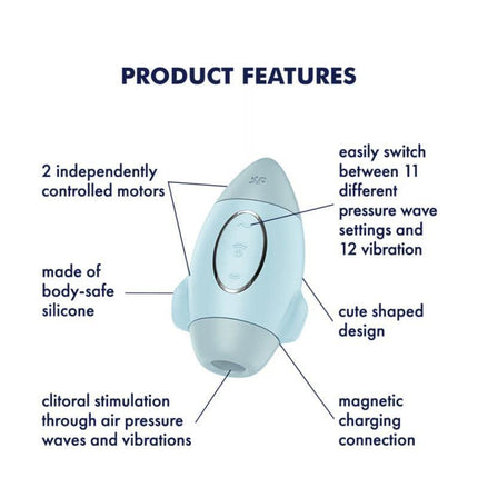 Mission Control Clit Sucker and Vibe Blue in blue, featuring dual motors, body-safe silicone, and customizable settings.