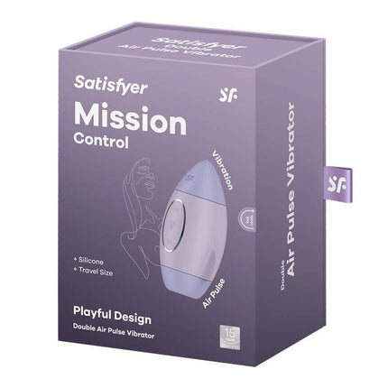 Packaging of Satisfyer Mission Control Clit Sucker and Vibrator Violet featuring Air Pulse Technology.