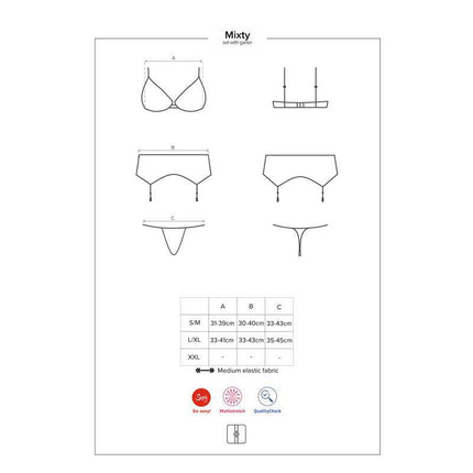 Mixty Set de 3 Piezas Negro size and fit guide with bra, garter belt, and thong diagrams.