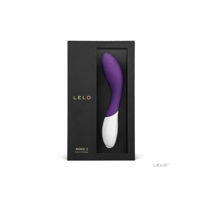 MONA 2 Purple G-spot vibrator in packaging, featuring 6 vibration patterns and waterproof design for versatile pleasure and easy cleaning.