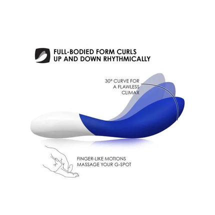 Diagram of the MONA WAVE Midnight Blue with finger-like motions and 30° curve for G-spot massage.