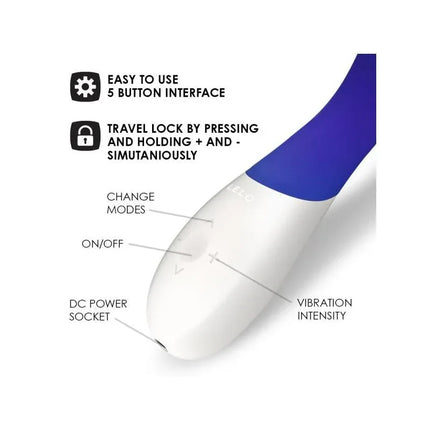 Close-up of MONA WAVE Midnight Blue with labeled features including vibration intensity, change modes, easy 5-button interface, and travel lock.