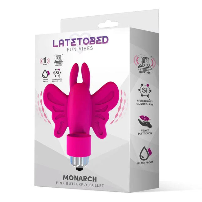 Monarch Butterfly Vibrating Bullet Silicone Pink on packaging, sleek design, body-safe, single speed for powerful arousal.