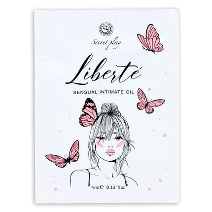 Monoddose Liberté Intimate Moisturizing 4 ml sensual oil packaging with butterflies and illustration of a woman on a white background