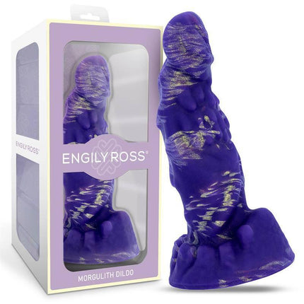 Morgulith Liquid Silicone Dildo 14,5 cm in purple and gold with packaging. Body-safe and phthalate-free fantasy design by Engily Ross.