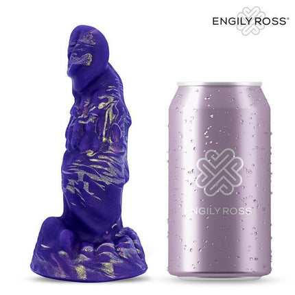 Morgulith Liquid Silicone Dildo 14,5 cm in purple and gold next to a can for size comparison.