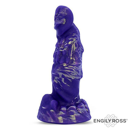 Morgulith Liquid Silicone Dildo 14,5 cm in purple and gold, shown standing upright with intricate fantasy-inspired design by Engily Ross.