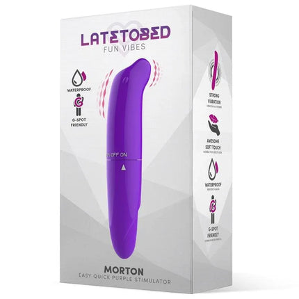 Morton Easy Quick Stimulator Purple packaging with sleek design, highlighting strong vibrations and G-spot friendly features.
