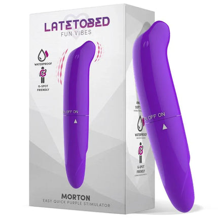 Morton Easy Quick Stimulator Purple with packaging, featuring a sleek, soft design for versatile use and powerful vibrations for enhanced pleasure.