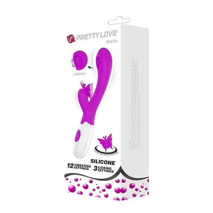 Packaging of the Moth Vibe with Licking and Tickling featuring a purple silicone design with 12 vibration settings and 3 licking settings.