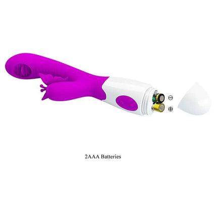 Moth Vibe with Licking and Tickling vibrator showing battery compartment, designed for internal massage and clitoral stimulation.