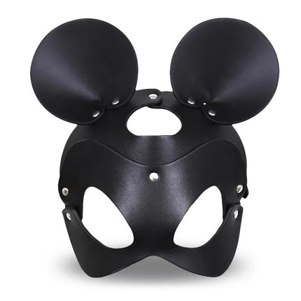 Moussy Mouse Mask Adjustable, handmade BDSM mask with black mouse ears and adjustable strap for sensual role play.