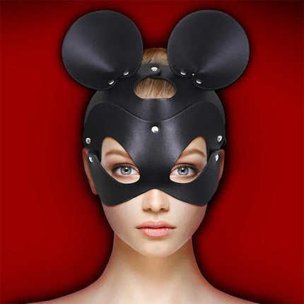 Moussy Mouse Mask Adjustable BDSM handmade black mask with mouse ears, designed for style and comfort, on a red background.