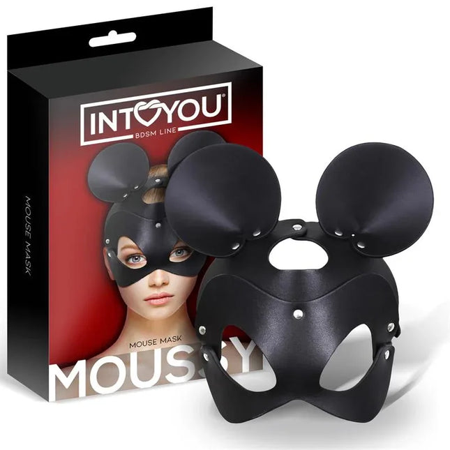 Moussy Mouse Mask Adjustable BDSM accessory with packaging, handmade and comfortable for intense pleasure, featuring an adjustable strap.