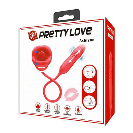 Mouth Vibrator with Licking and Thrusting Ashlyn in packaging, showing dual-action features and design.