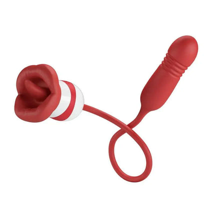 Mouth Vibrator with Licking and Thrusting Ashlyn device, red color with mouth-shaped cavity and vibrating bullet, dual-action pleasure toy