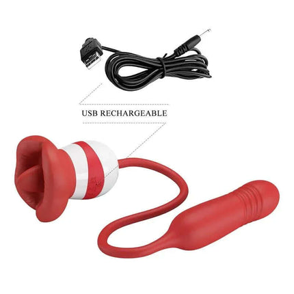 Mouth Vibrator with Licking and Thrusting Ashlyn, dual-action pleasure device with USB rechargeable cable