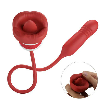 Mouth Vibrator with Licking and Thrusting Ashlyn dual-action pleasure device in red, showing mouth cavity and vibrating bullet design.