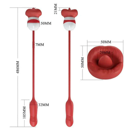 Dimensions and close-up of the Mouth Vibrator with Licking and Thrusting Ashlyn, featuring lifelike tongue and vibrating bullet ends.