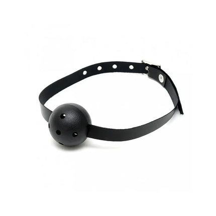 Mouthgag-Adjustable black leather BDSM gag with hollow plastic ball and buckle closure.