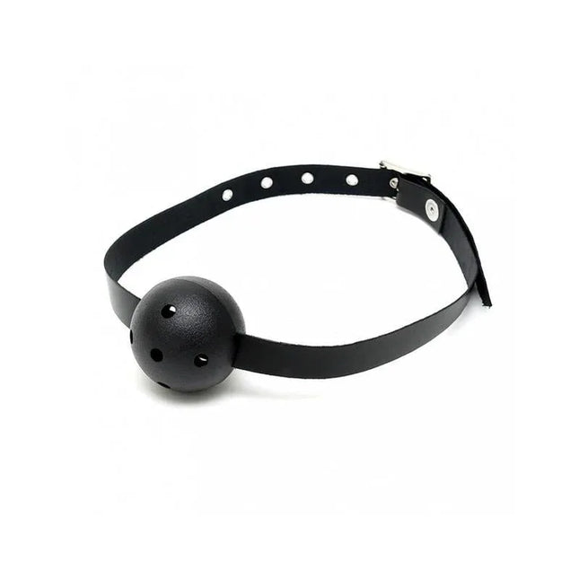 Mouthgag-Adjustable black leather BDSM gag with hollow plastic ball and buckle closure.