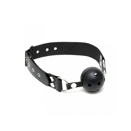 Mouthgag-Adjustable leather mouth gag with black finish and hollow plastic ball for comfortable BDSM play.