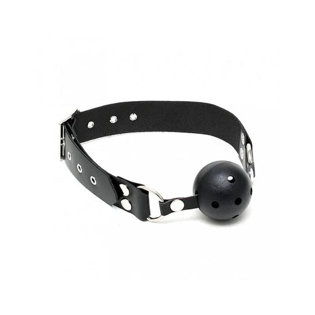 Mouthgag-Adjustable leather mouth gag with black finish and hollow plastic ball for comfortable BDSM play.