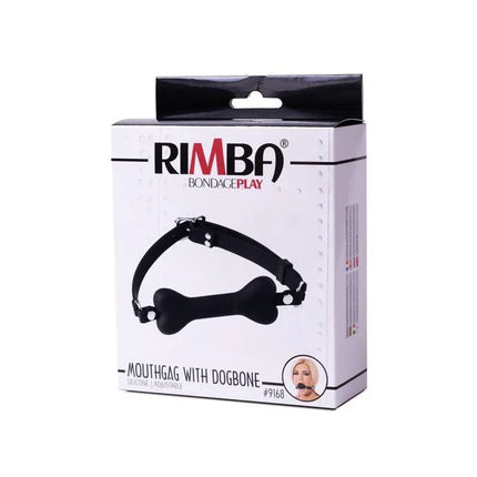 Packaging of Mouthgag with Dogbone Black featuring silicone adjustable strap and dog bone design, color black
