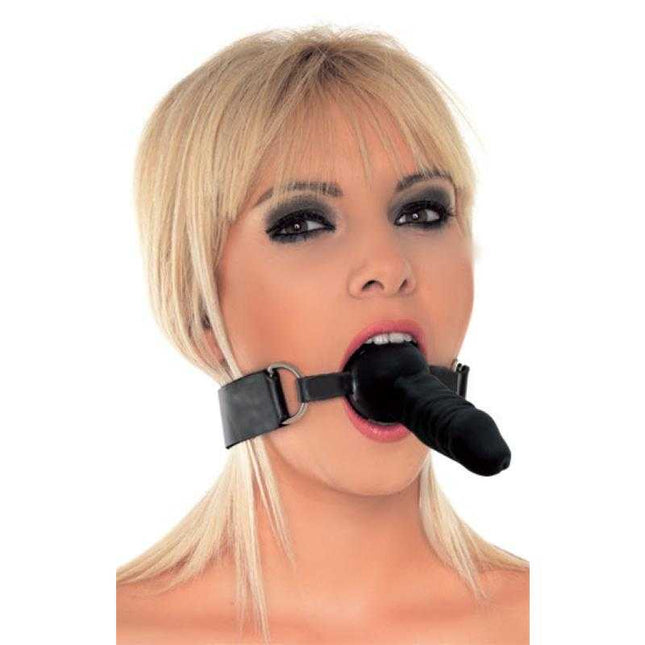 Mouthgag with Penis Silicone worn by person, featuring premium silicone design, adjustable strap, and secure metal buckle for safe play.