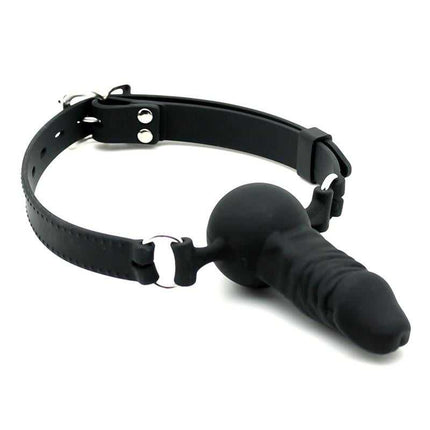 Mouthgag with Penis Silicone featuring an adjustable strap and metal buckle for secure fit, crafted from premium skin-safe silicone.