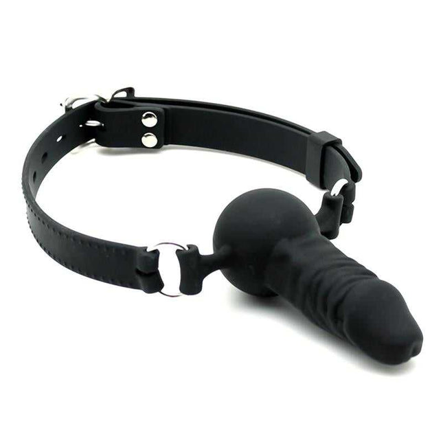 Mouthgag with Penis Silicone featuring an adjustable strap and metal buckle for secure fit, crafted from premium skin-safe silicone.