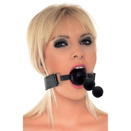 Mouthgag with Plug Silicone on model showcasing comfortable and secure fit with smooth silicone balls.