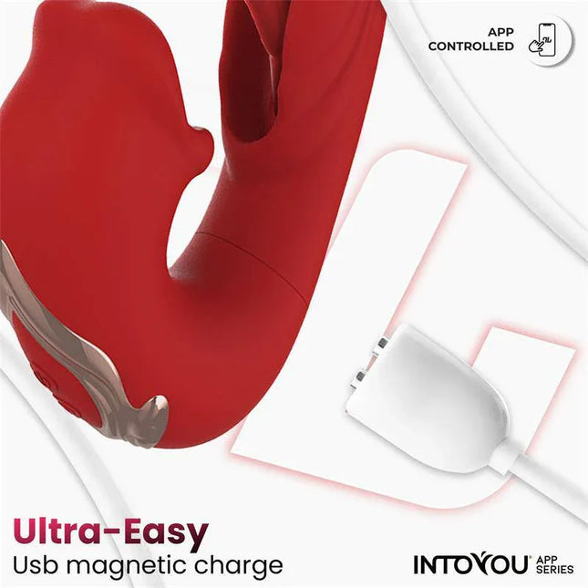 Mouty Vibe with Biting and Flipping with App showcasing red design and USB magnetic charge option.
