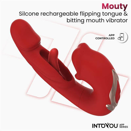 Mouty Vibe with Biting and Flipping with App in red featuring dual stimulation design and app-controlled technology.