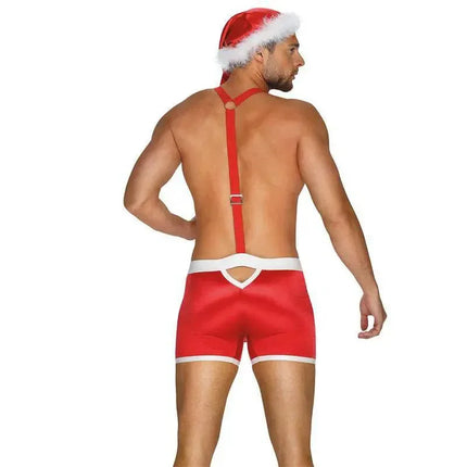 Back view of Mr Claus 3 Pieces Set with red boxers, suspenders, and Santa hat for a festive Christmas party look.
