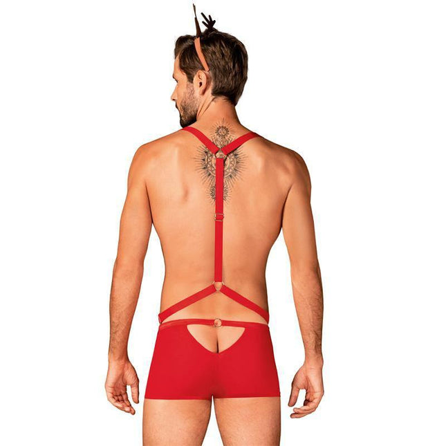 Model wearing Mr Reindy Shorts, Harness and Headband Set with red harness and shorts from the back view.