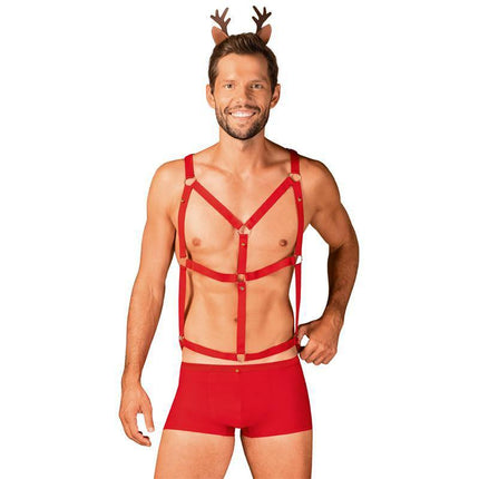 Man wearing Mr Reindy Shorts, Harness and Headband Set with reindeer antlers, featuring red shorts and adjustable body harness.