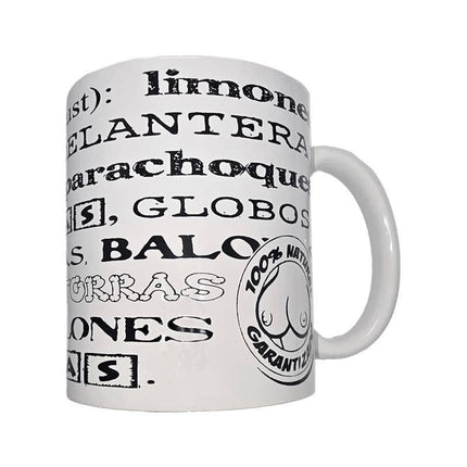 White ceramic Mug Synonyms Breasts 370ml with playful text design for festive occasions.