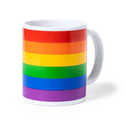 Ceramic Mug with LGBT flag featuring vibrant rainbow stripes, ideal for showcasing pride and inclusivity in daily routines.