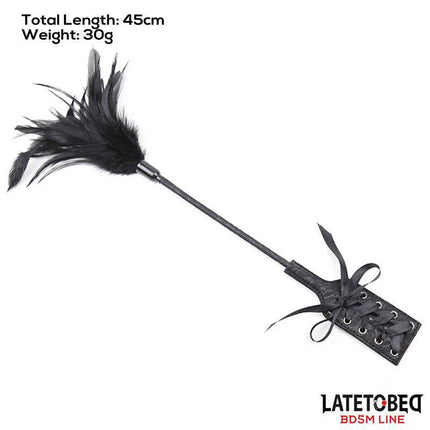 Multi Feathers Tickler and Lace Ribbon Paddle Comb, 45cm length, 30g weight, BDSM accessory for teasing and textured sensations.