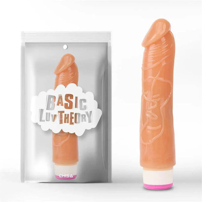 Multi-Speed Vibe 20.2 cm Flesh dildo with realistic texture and adjustable vibrations, shown in packaging and standing upright.