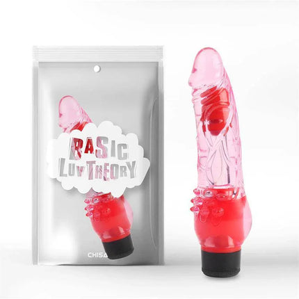 Pink semi-transparent vibrator from Basic Luv Theory brand displayed with packaging.