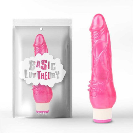 Pink Multi-Speed Vibrator 20.5 cm Vibe with a veined shaft and pronounced glans next to packaging from Basic Luv Theory.