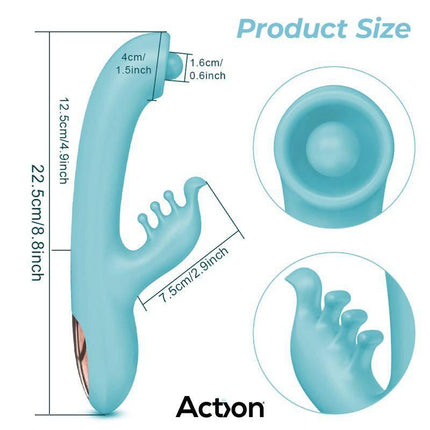 Murly Soft Massaging Ball 360º con Vibración Doble - 3 Motores product dimensions and features in blue.