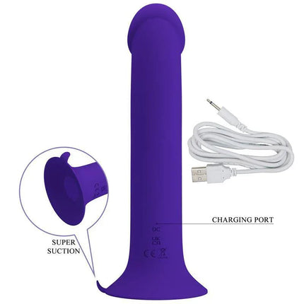 Murray Youth Dildo with Vibration and Pulsation, featuring silicone material, charging port, and super suction base, on white background.