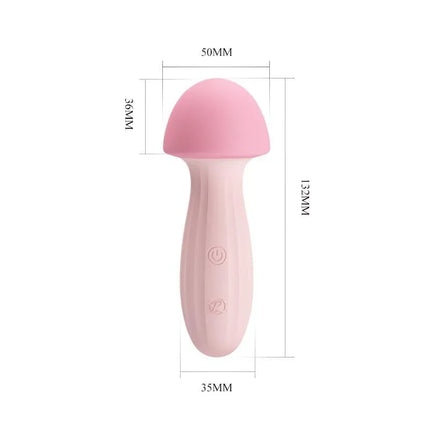 Mushroom Vibe/Massager Silicone USB in pink, shown with dimensions. Compact design for discreet pleasure with body-safe silicone.