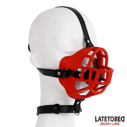 Muzzle with Breathable Gag Ball in bold red design from Latetobed BDSM line, showcasing adjustable straps and airflow-focused features.
