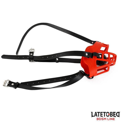 Muzzle with Breathable Gag Ball from Latetobed BDSM Line featuring red exterior and airflow design for intense play