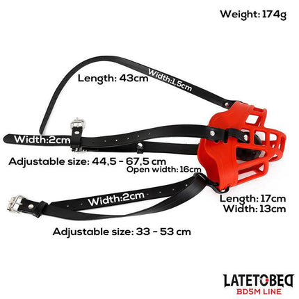 Muzzle with Breathable Gag Ball featuring adjustable straps and bright red design for BDSM enthusiasts.